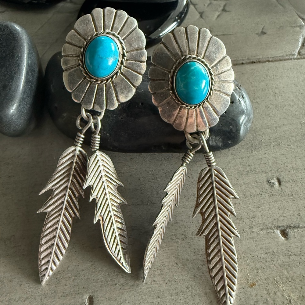 Taxco Turquoise and Sterling Silver Feather Dangle Earrings